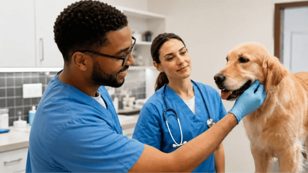 Two vets playing with a golden retriever 