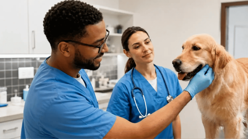 Two vets playing with a golden retriever 