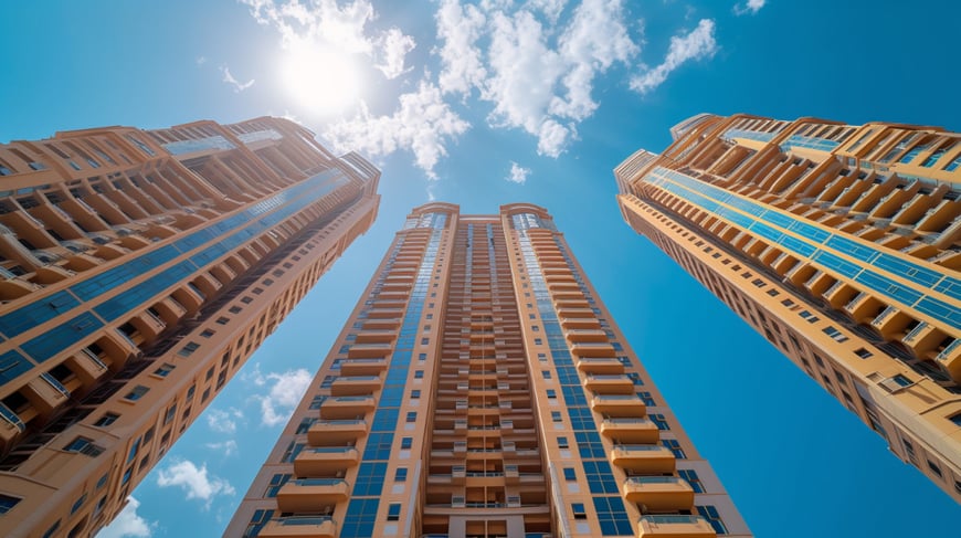 a bottom up photo of the goldcrest views apartments in dubai